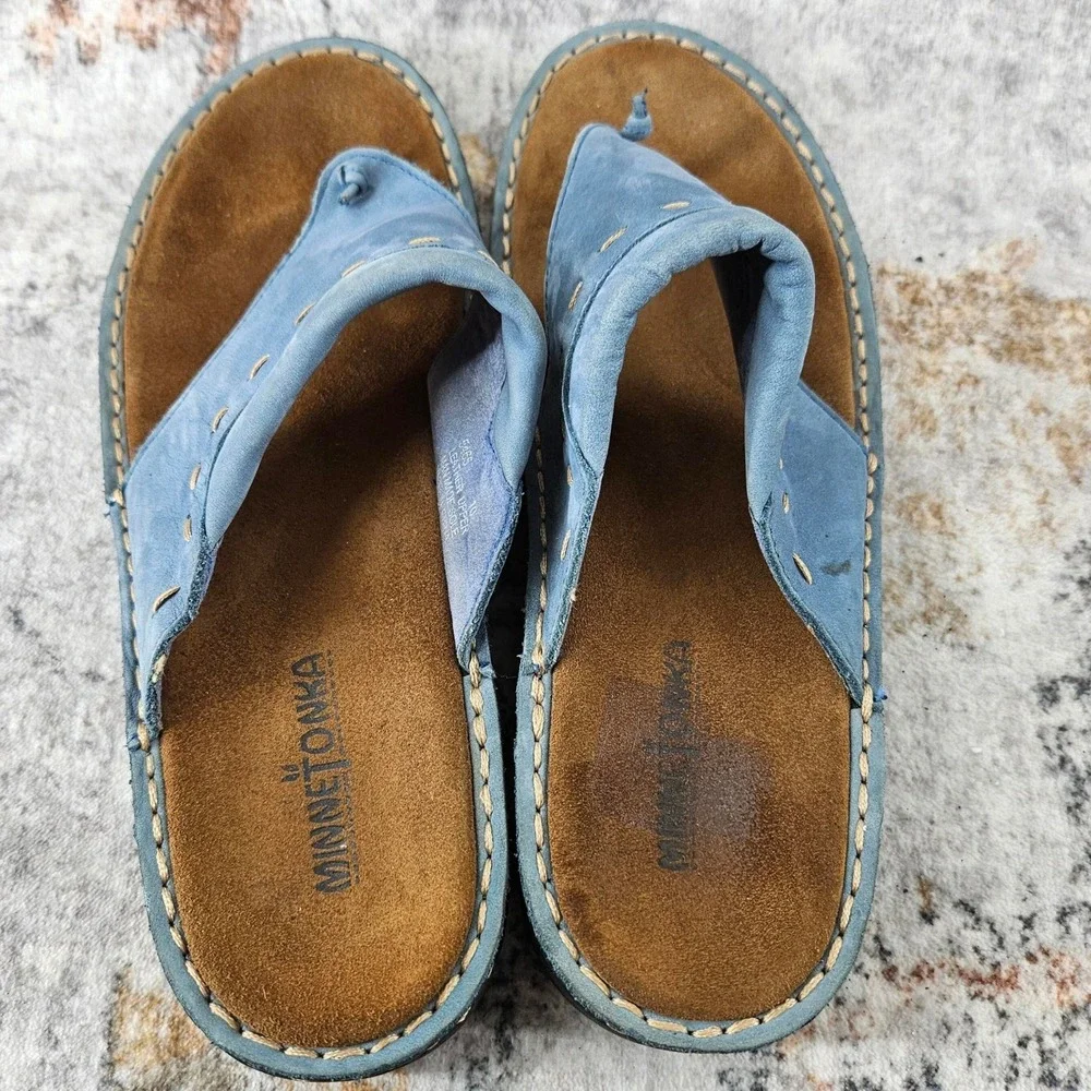 Minnetonka‎ Thong Sandals Womens 10 Platform Blue Leather Whipstitch Boho